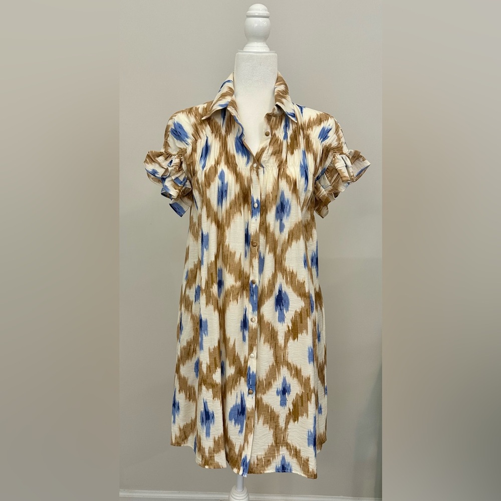 Elegant Blue and Brown Ikat Mini Dress